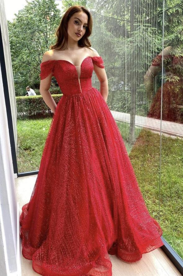 Red tulle sequins long prom dress evening dress