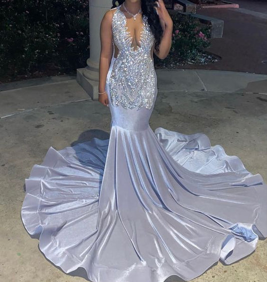 Shinning silver mermaid prom dress with train