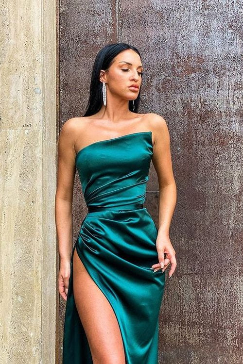 Modern Dark Green Starpless Mermaid Long Prom Dress With Split