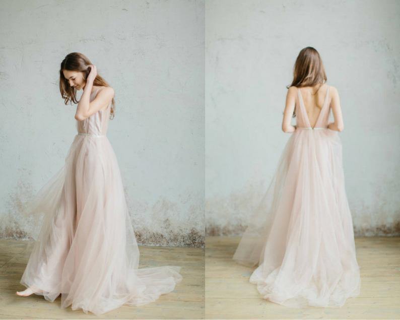 Simple V-neck Tulle Open Back Bridal Gown Beach Wedding Dresses