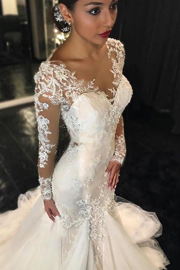 Long Sleeves Court Train Ivory Wedding Dress With Lace Appliques