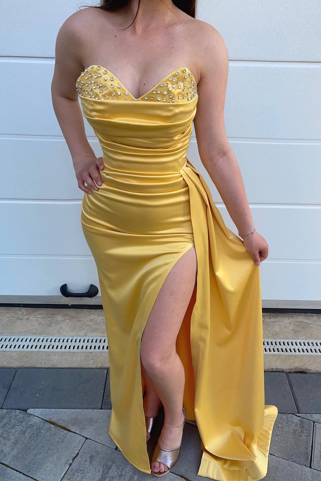 Elegant Sweetheart Yellow Mermaid Long Evening Dress With Beads Split