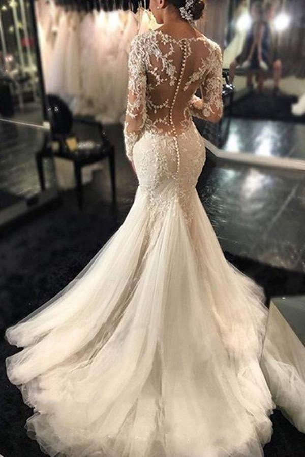 Long Sleeves Court Train Ivory Wedding Dress With Lace Appliques