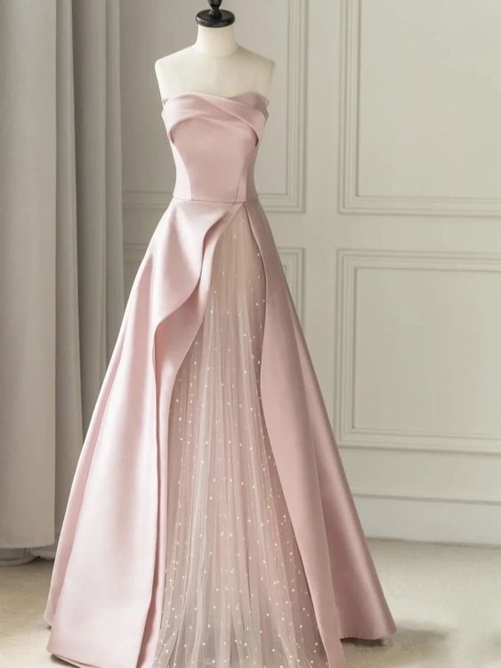 Sleeveless Satin A-line Floor-length Evening Gown Slit With Tulle Strapless Prom Dress