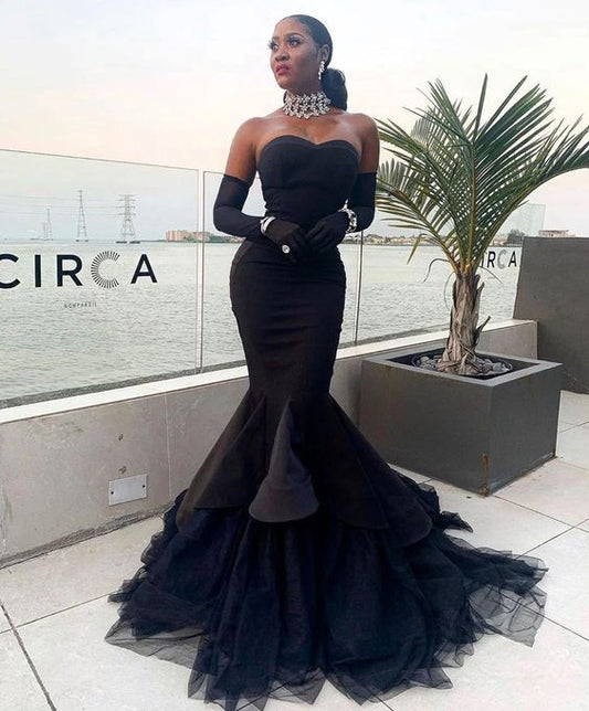 African Black Girls Sweetheart Mermaid Evening Dresses Satin Tulle Plus Size Formal Prom Party Gown