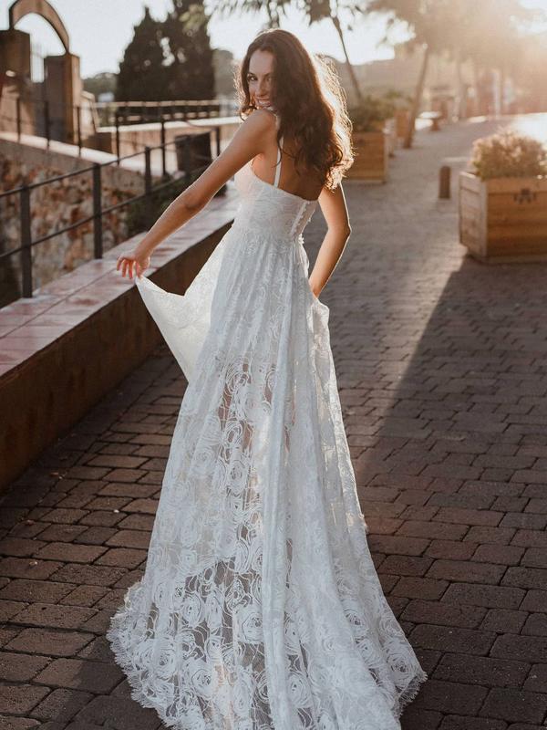 A-Line Lace Backless V-Neck Spaghetti Straps Lace Wedding Dress