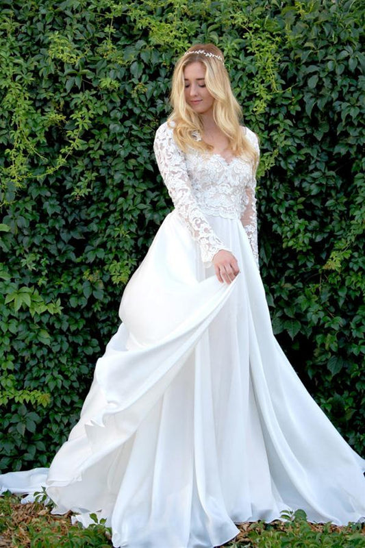 A-Line V-Neck Long Sleeves Wedding Dress with Lace Appliques