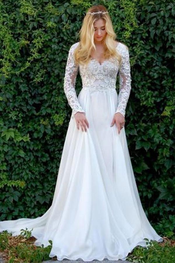 A-Line V-Neck Long Sleeves Wedding Dress with Lace Appliques