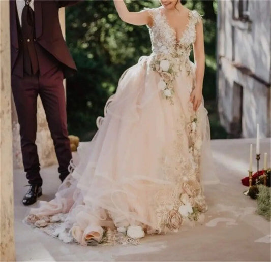 Outdoor 3d Floral Wedding Dress With Deep V Neck Sleeveless Back Light Pink Layered Tulle Trailing Open Elegant Evening Dress