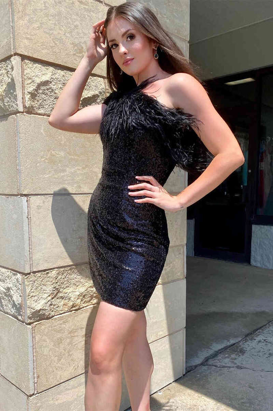 Balck Sequins One Shoulder Tight Homecoming Dress with Feather