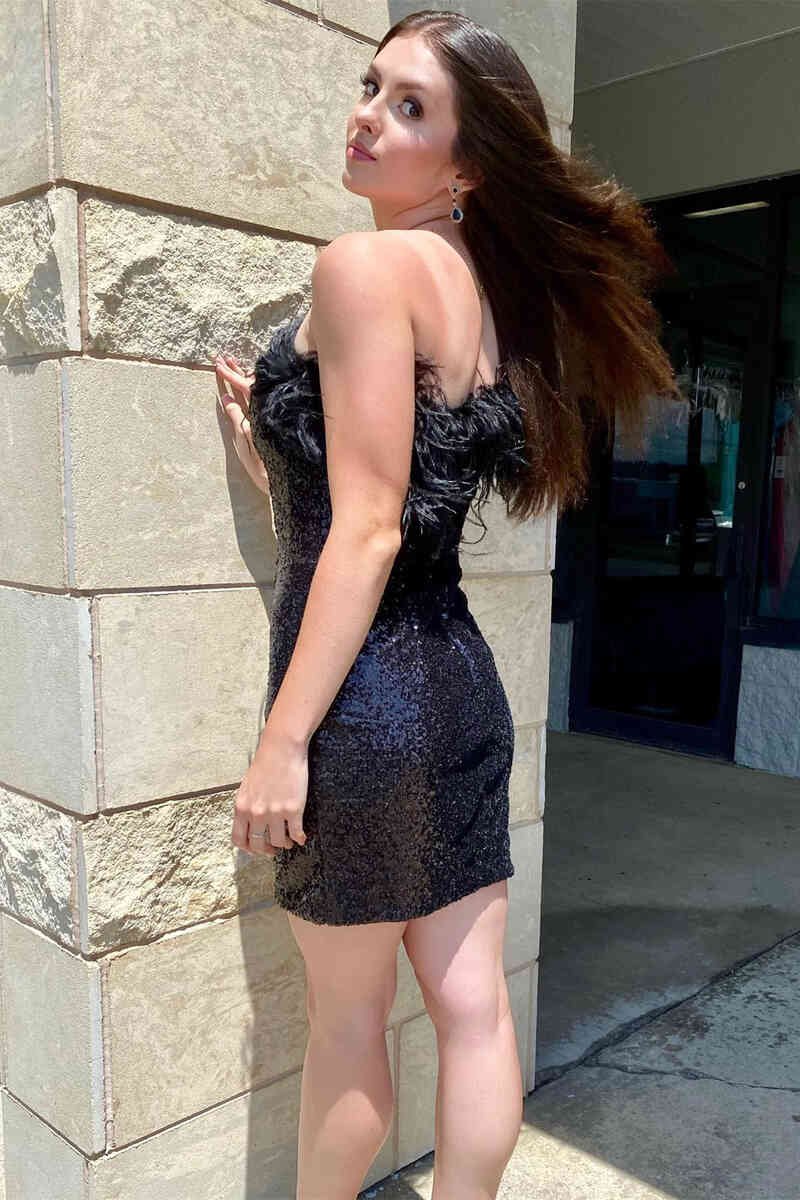 Balck Sequins One Shoulder Tight Homecoming Dress with Feather