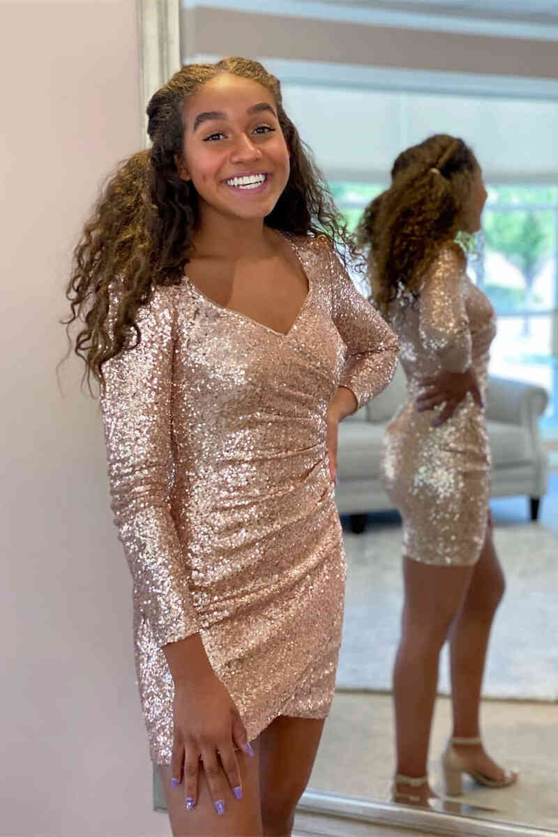 Sparkle Short V-Neck Rose Gold Homecoming Dress