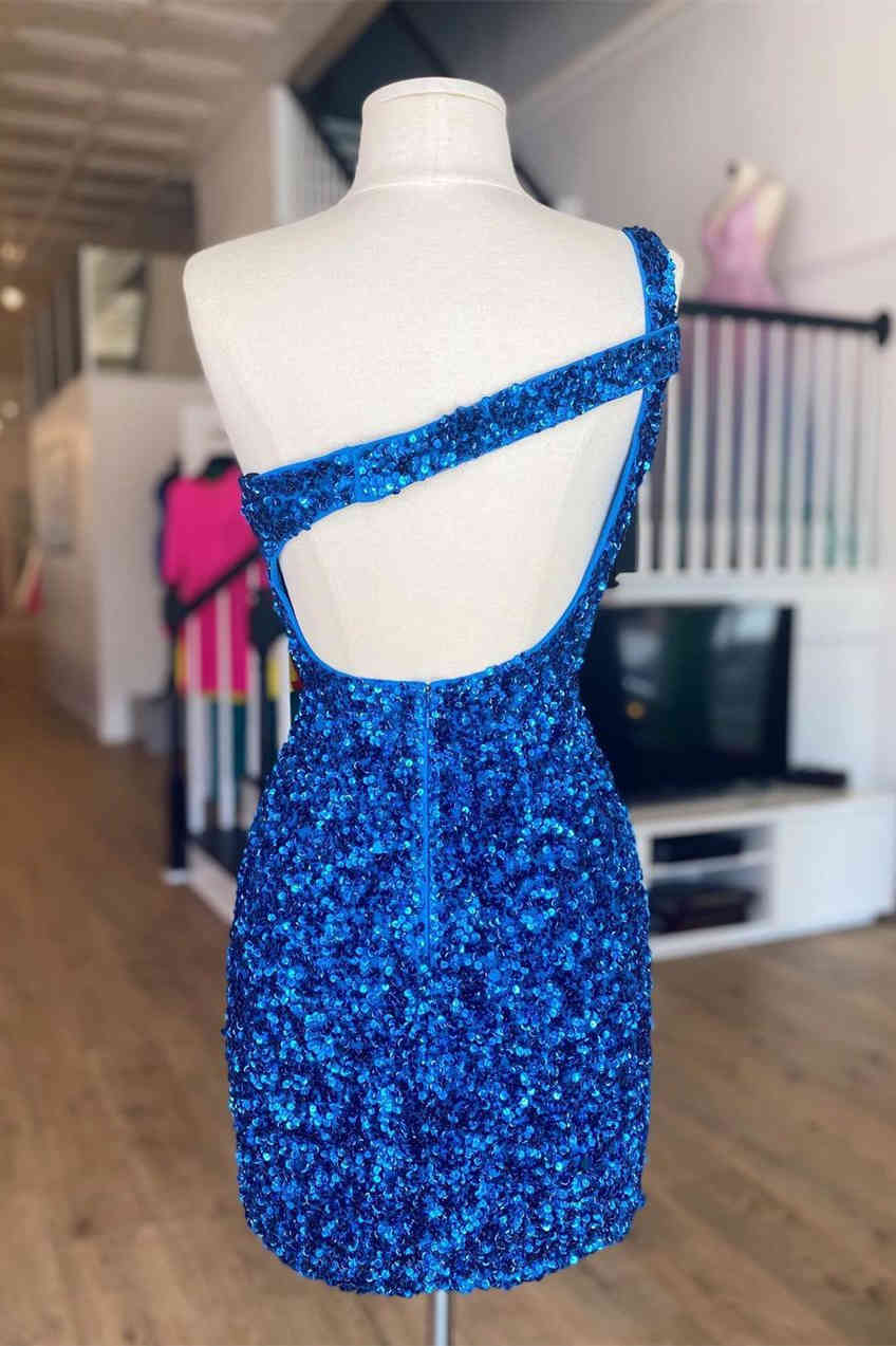 One Shoulder Blue Sequined Bodycon Homecoming Dress