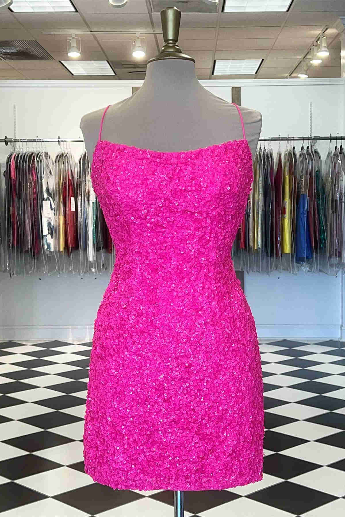 Straps Hot Pink Sequined Tight Homecoming Dress