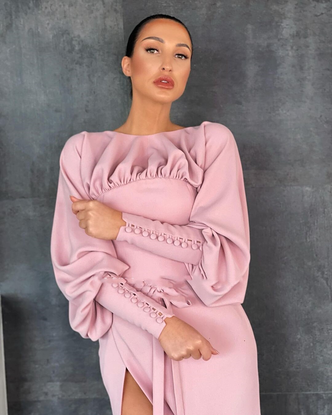 Pink Boat Neck Prom Dresses Long Sleeves High Slit Satin Evening Dresses Buttoned Cuffs Sheath Formal Party Dresses,BG064