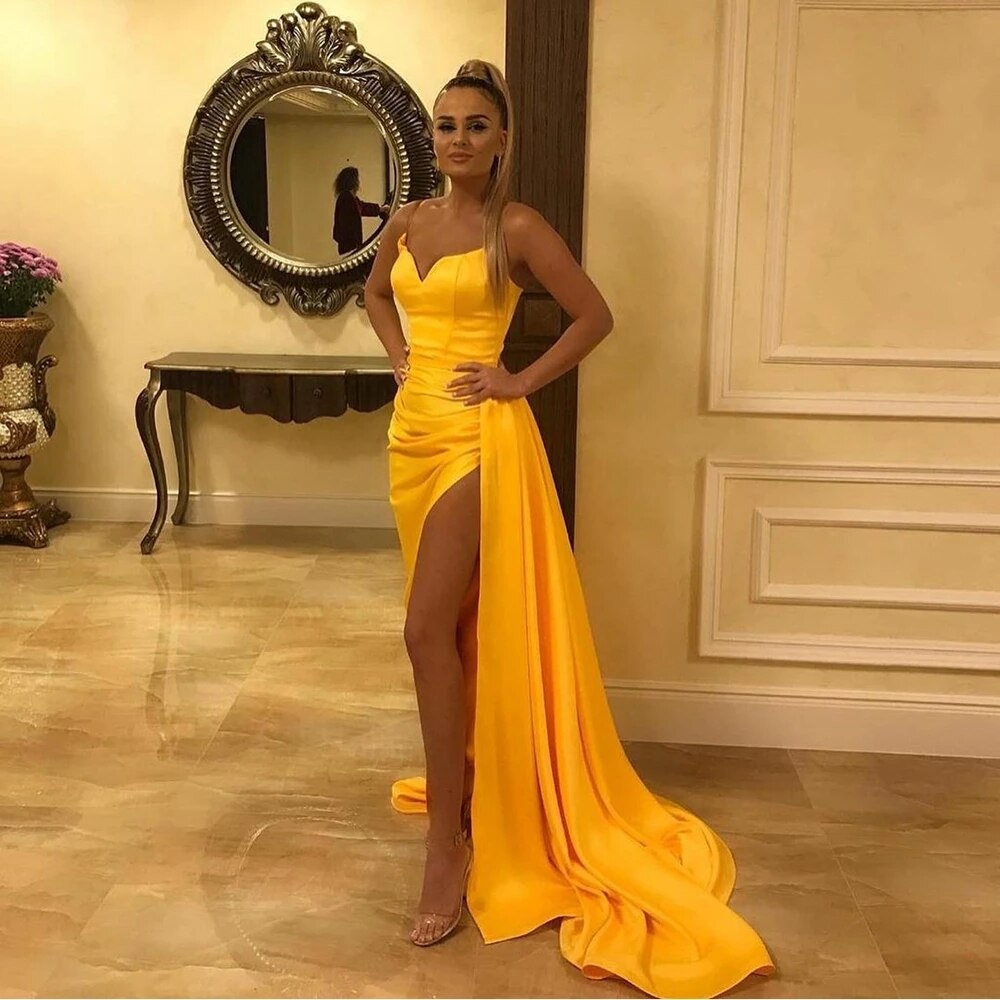 Sexy Women Gold Evening Dress Prom Gown V Neck With Spaghetti Straps High Split Pleat Satin Long Length Sleeveless For Party,BG035