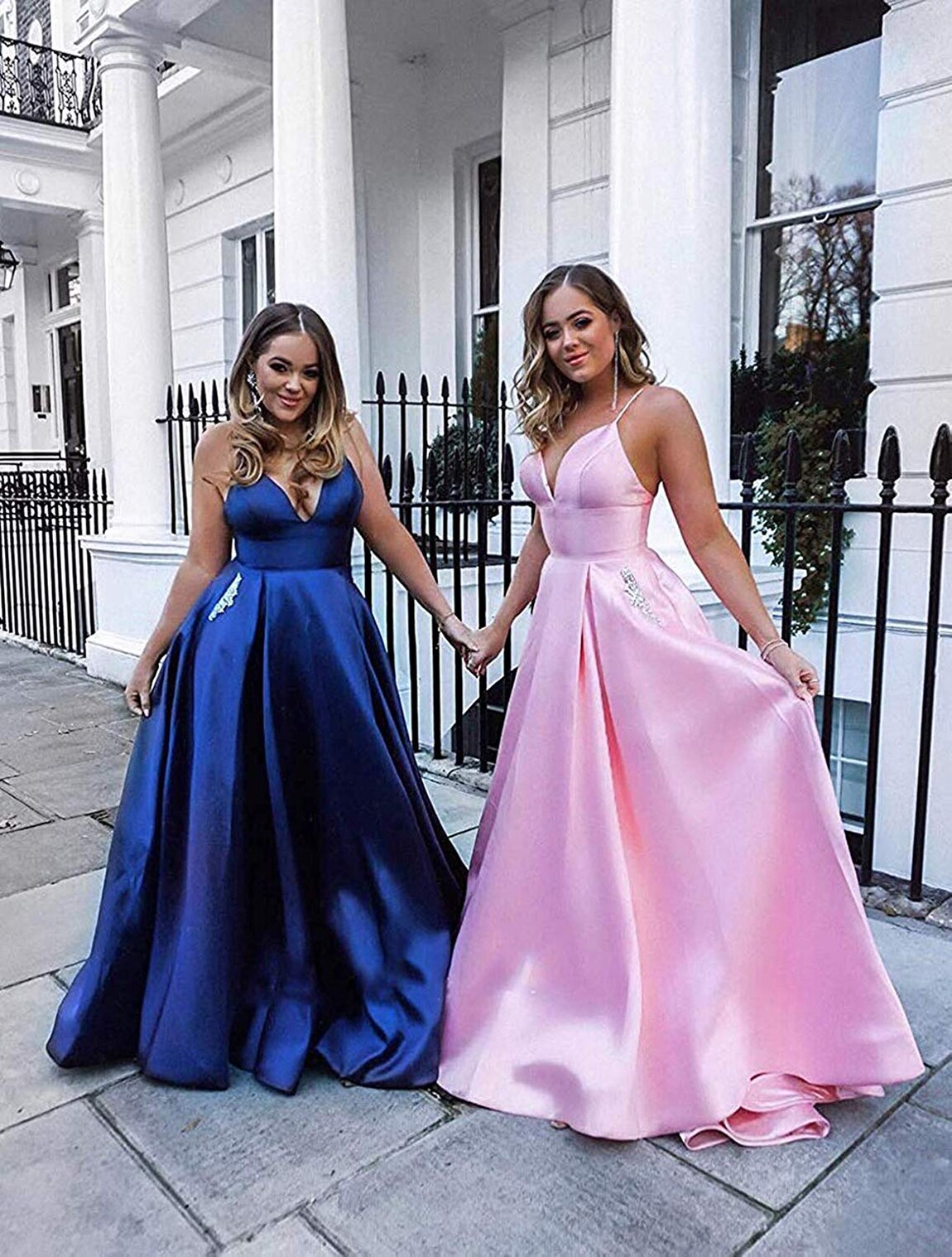 V Neck Beaded Satin A-line Ball Gown Prom Dress Women's Long Spaghetti Straps with Pockets vestidos de fiesta robes de soirée,MW022