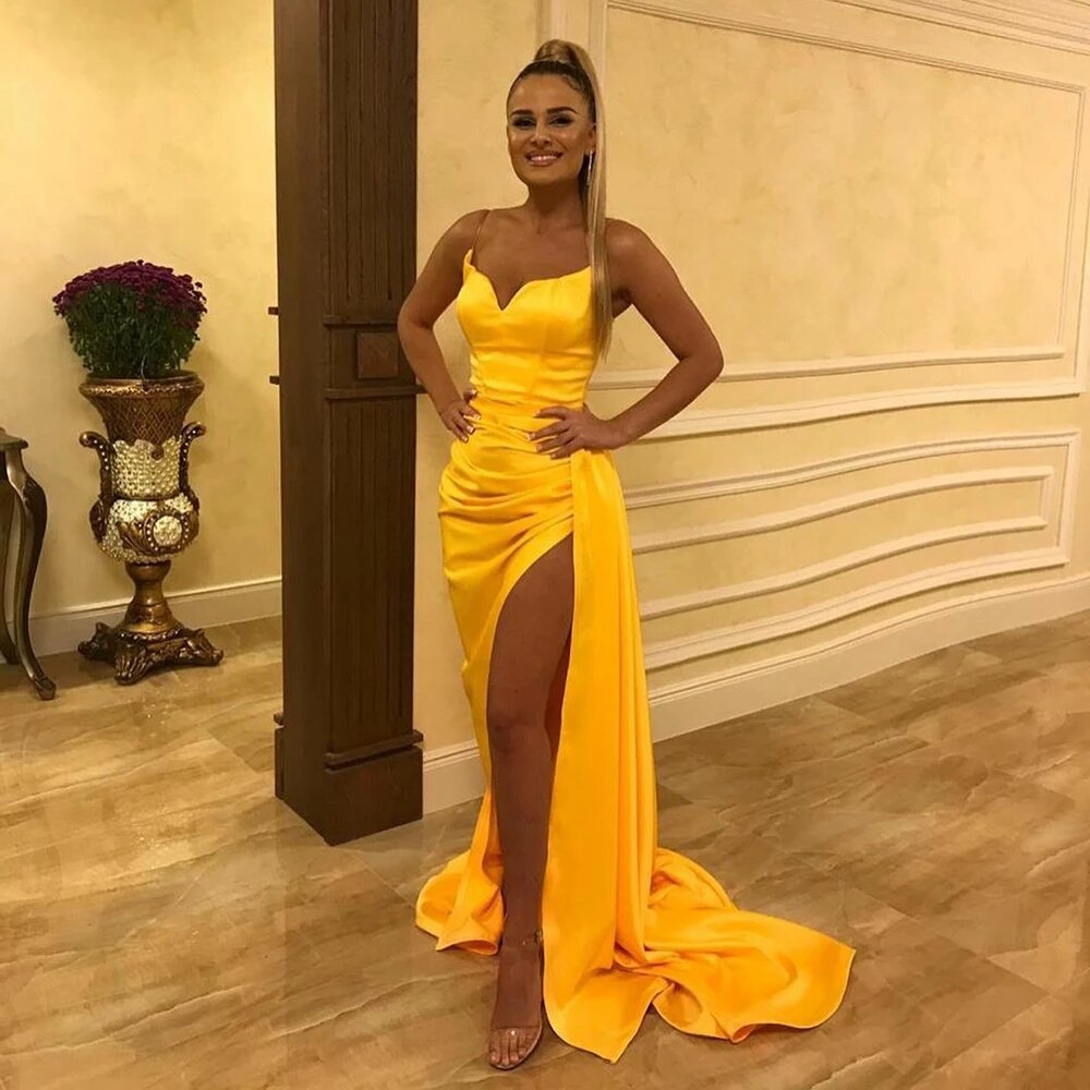 Sexy Women Gold Evening Dress Prom Gown V Neck With Spaghetti Straps High Split Pleat Satin Long Length Sleeveless For Party,BG035