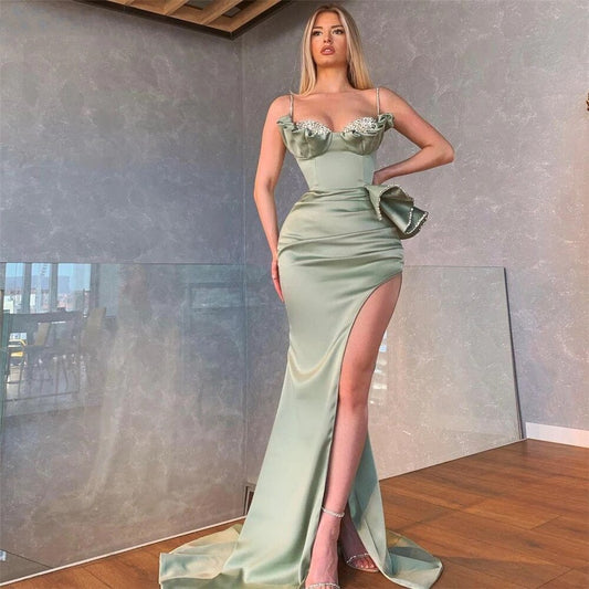 Sunny Mermaid Satin Long Prom Dresses High Slit Side Beaded Formal Women Party Dress Pleats Evening Gowns Custom Size,BG008