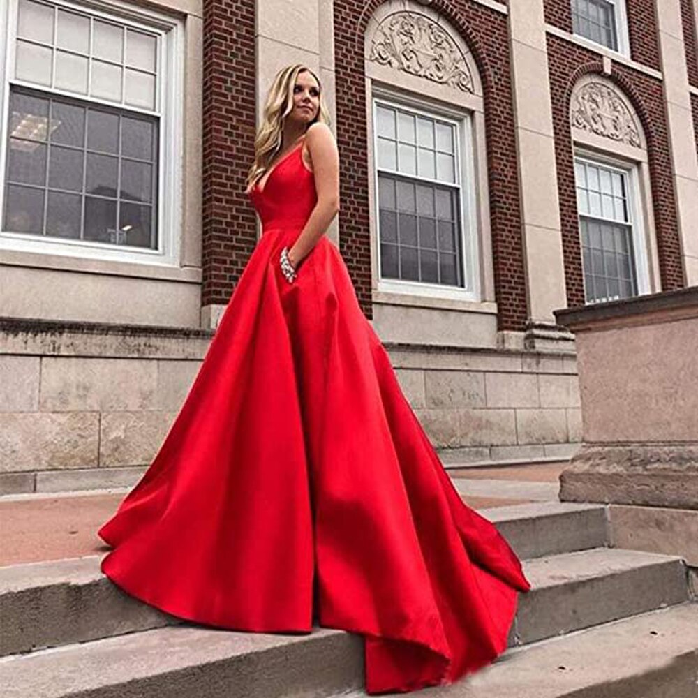 V Neck Beaded Satin A-line Ball Gown Prom Dress Women's Long Spaghetti Straps with Pockets vestidos de fiesta robes de soirée,MW022