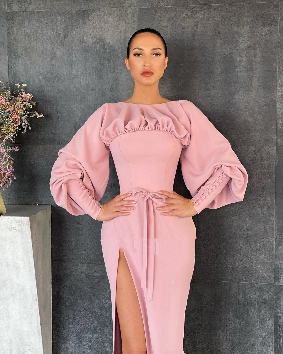 Pink Boat Neck Prom Dresses Long Sleeves High Slit Satin Evening Dresses Buttoned Cuffs Sheath Formal Party Dresses,BG064