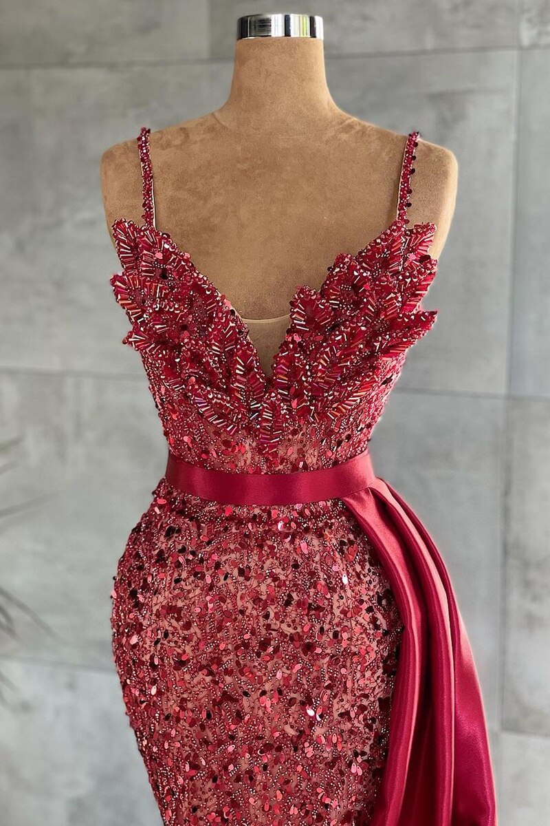 Sparkle V-Neck Backless Red Evening Dresses Couture Beadings Mermaid Prom Gowns With Crystal Women Dubai Formal Rode De soiree,YUZ032