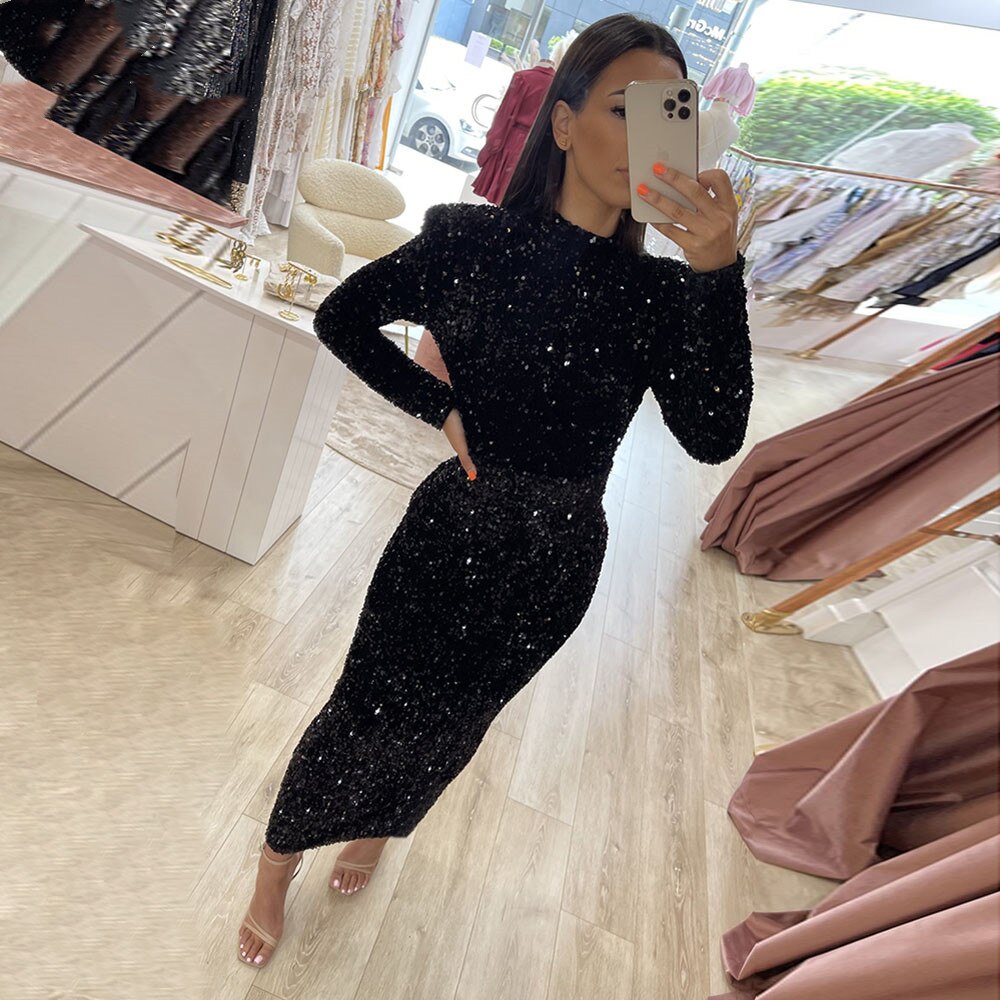 Shiny Sequins Mermaid Evening Dresses for Women Tea Length High Neck Long Sleeves Formal Prom Wedding Party Gowns,BG036