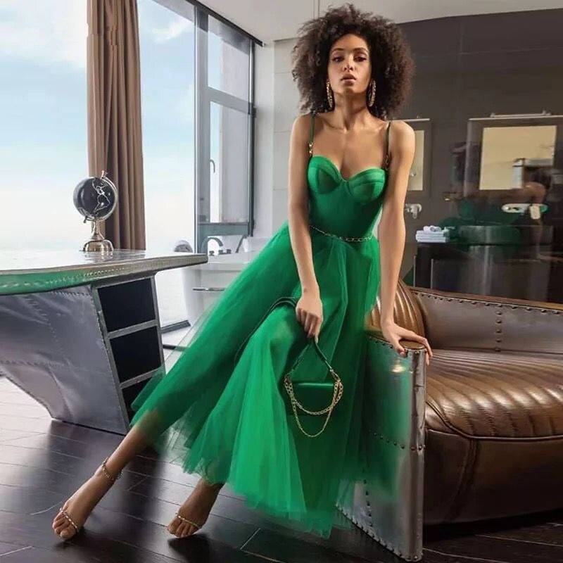 Elegant Green Prom Dresses Sweetheart Tea Length Spaghetti Strap Night Vestidos De Noite Party Gown Graduation Gown Robe,BG048