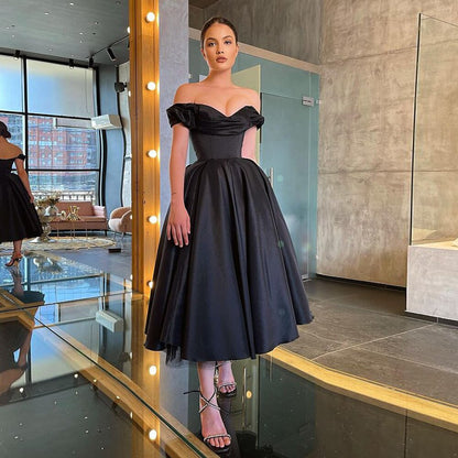 Black Satin Short Evening Dress Prom Gown Off The Shoulder Pleat V Neck A Line Tea Length Formal Party Dresses Plus Size,QP011