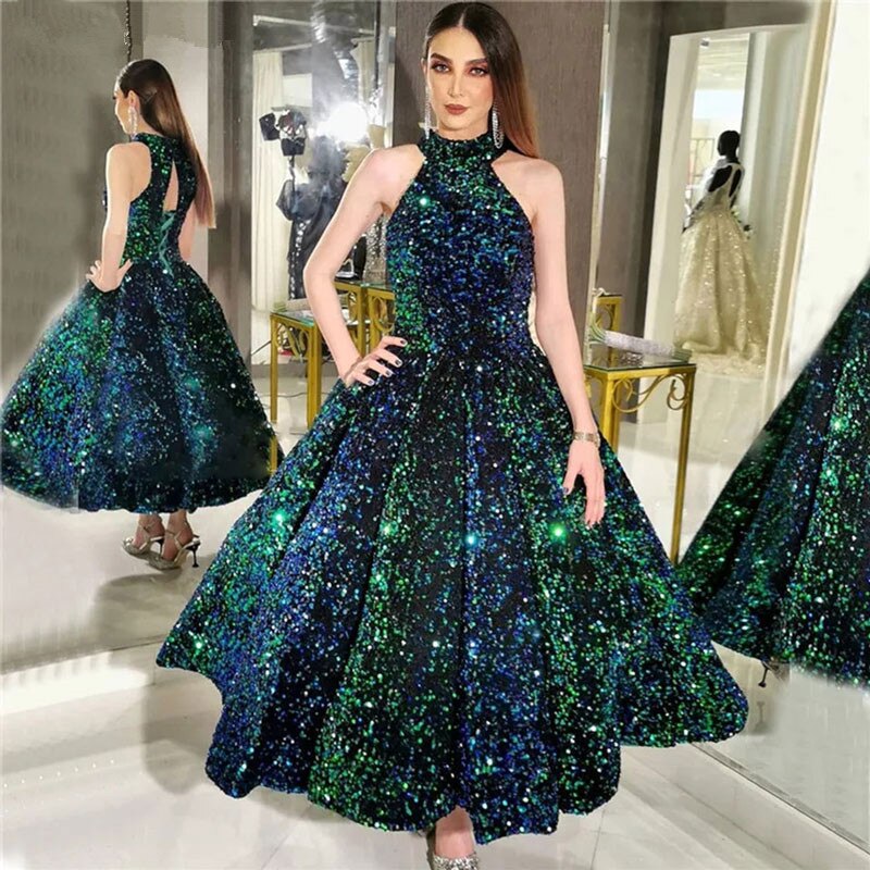 Sexy Halter Sequin Party Night Evening Dresses Vestido De Noiva Robe De Soiree Vestido Novia Playa Formal A-line Prom Dresses,BG054