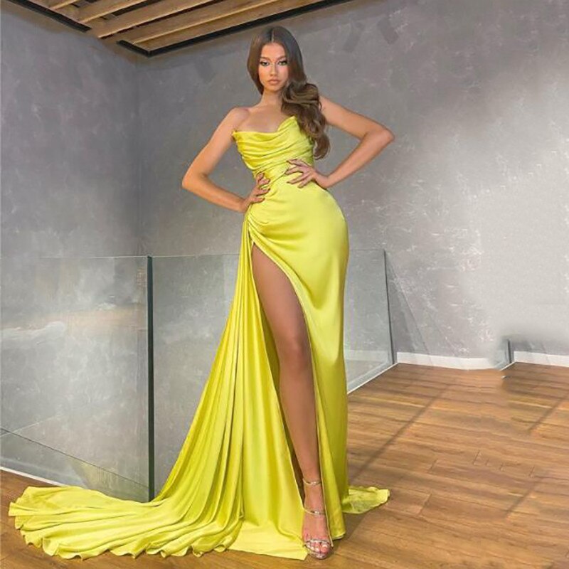 Sexy Golden V Neck Mermaid Evening Dress Strapless High Side Split Prom Dresses Dubai Celebrity Dresses Party Gowns,BG056