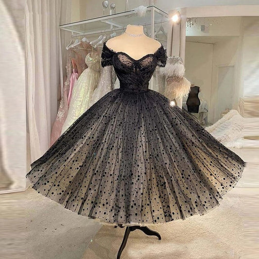 Black Vintage Beads Polka Dotted Tulle Short Prom Dresses Cap Sleeves Fluffy Skirt Ankle Length Formal Gowns robes de soirée,MW046