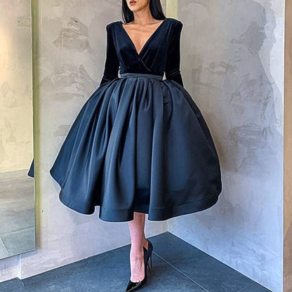 New Arrival Navy Blue Short Evening dress V Neck Long sleeve robe femme Velvet Satin party dress robes de soirée,BG059