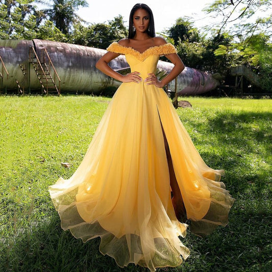 Sexy Prom Dresses Off The Shoulder Party Dress Elegant A-Line Side Slit Tulle Wedding Evening Cocktail Gowns Plus Size