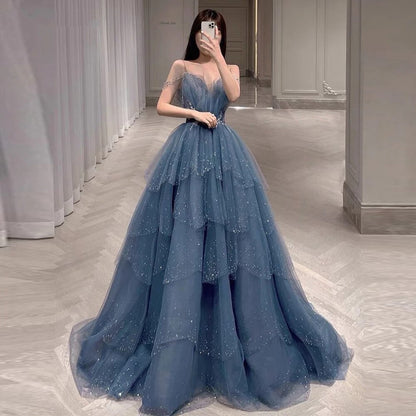 Sparkly Sequin Blue Tulle Sweetheart Layered Skirt Prom Dresses Spaghetti Straps 3D Flowers Evening Gown robe de soirée femme