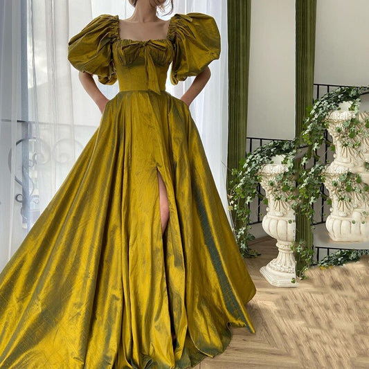 Elegant Sweetheart Satin Shoer Bubble Sleeves Prom Dress A-Line Long Evening Dress Plus Size Draped Party Dress,MW044