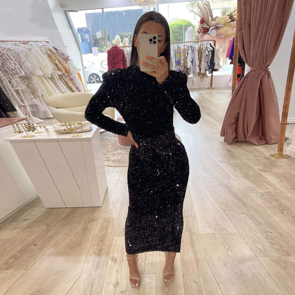 Shiny Sequins Mermaid Evening Dresses for Women Tea Length High Neck Long Sleeves Formal Prom Wedding Party Gowns,BG036