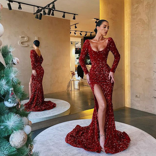 Burgundy Shinny Sequin Mermaid Evening Dress Scoop Neck Full Sleeves High Slit Formal Prom Gown Robes De Soirée.BG032