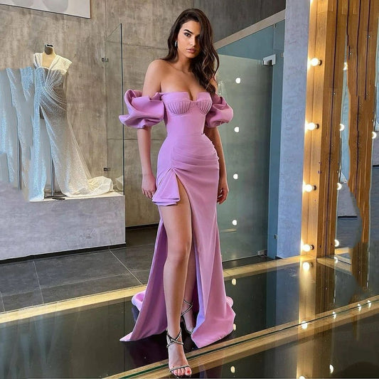 Lavender Mermaid Satin Prom Dress Sexy High Slit Evening Dresses Dubai Off Shoulder Short Puffy Sleeves Long Party Dresses,UZN106