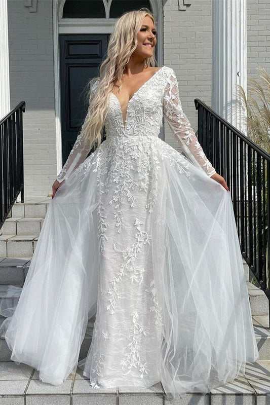 Elegant Mermaid Deep V-neck Appliques Ivory Wedding Dress
