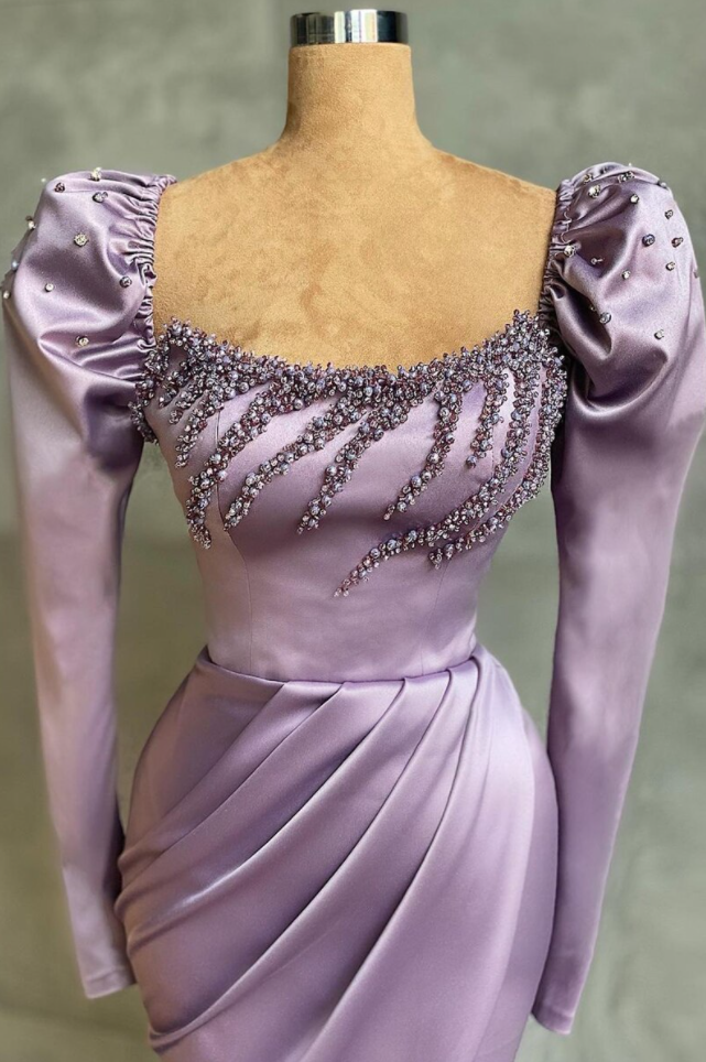 Elegant Light Purple Stain Crystal Beadings Meramaid Evening Dresses With Detachable Long Sleeves Party Gowns Split Sweep Train.YUZ029