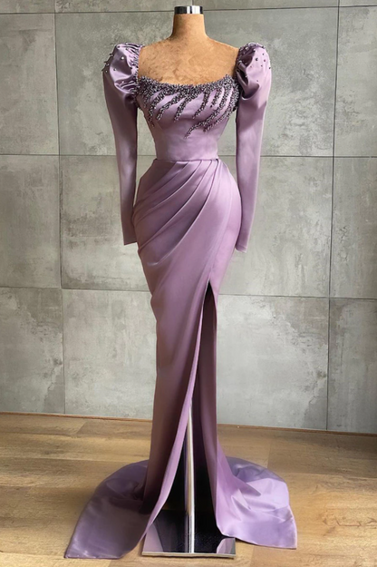 Elegant Light Purple Stain Crystal Beadings Meramaid Evening Dresses With Detachable Long Sleeves Party Gowns Split Sweep Train.YUZ029