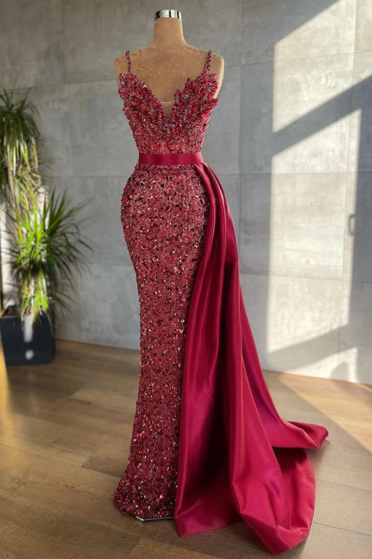 Sparkle V-Neck Backless Red Evening Dresses Couture Beadings Mermaid Prom Gowns With Crystal Women Dubai Formal Rode De soiree,YUZ032