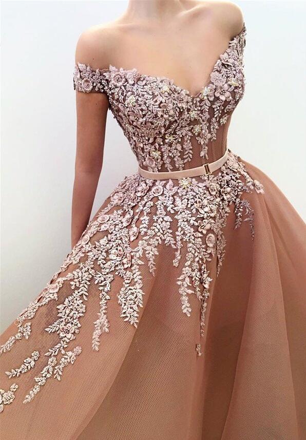 Elegant Off-The-Shoulder Appliques V-Neck Mermaid Prom Dress With Belt