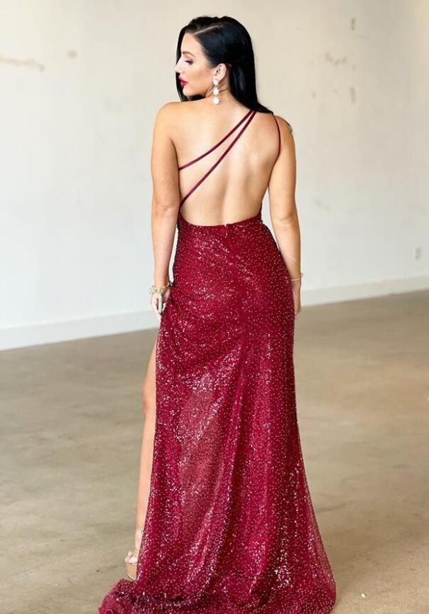 Burgundy One Shoulder Split Mermaid Evening Dress With Backless