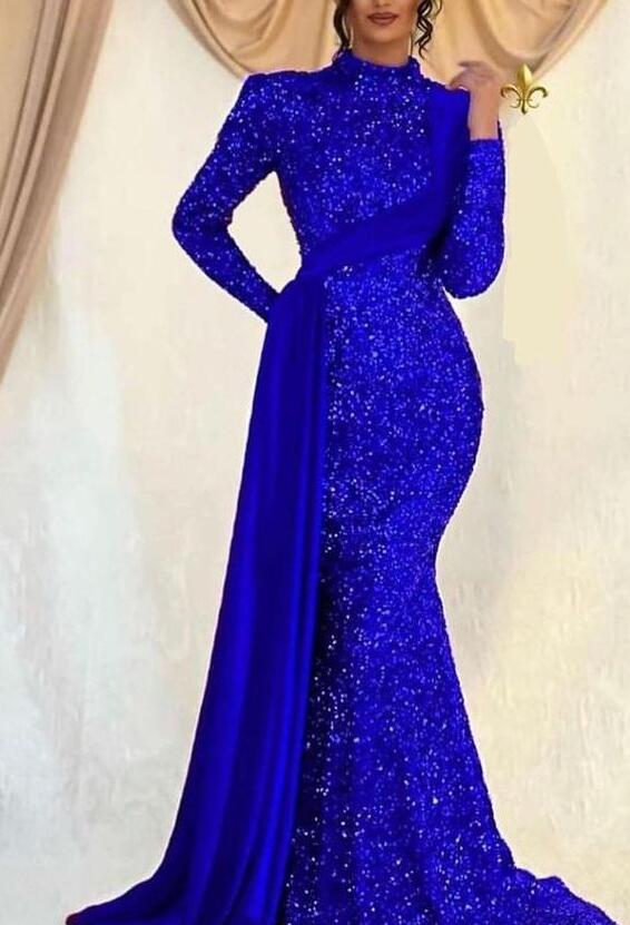 Sequins Long Sleeves Mermaid Prom High Collar Dress With Ruffle