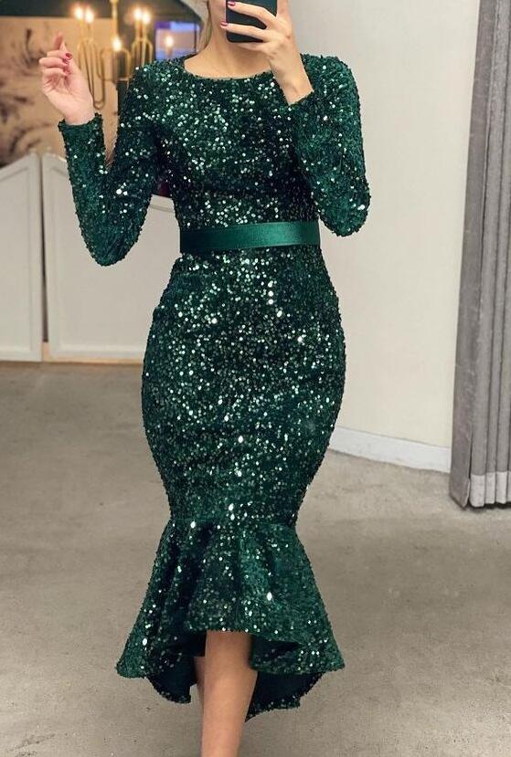 Long Sleeves Mermaid Sequins Prom Dress Online With Belt