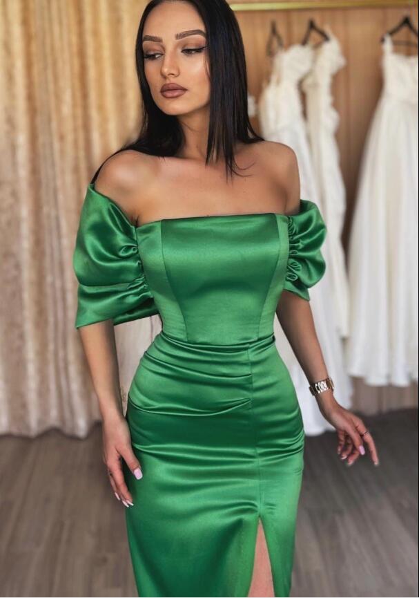 Emerald Off-the-Shoulder Evening Dress With Split