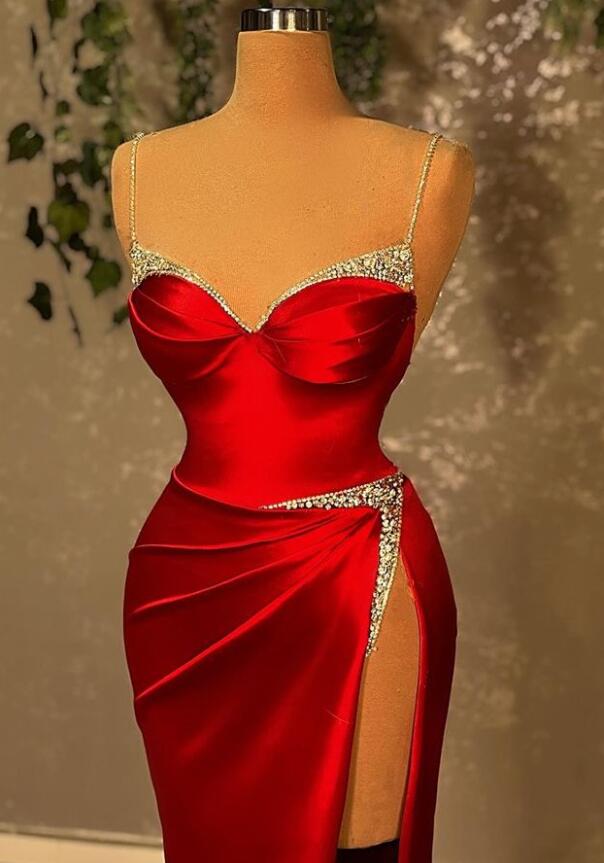 Burgundy Spaghetti-Straps Beadings Mermaid Prom Dress With Split