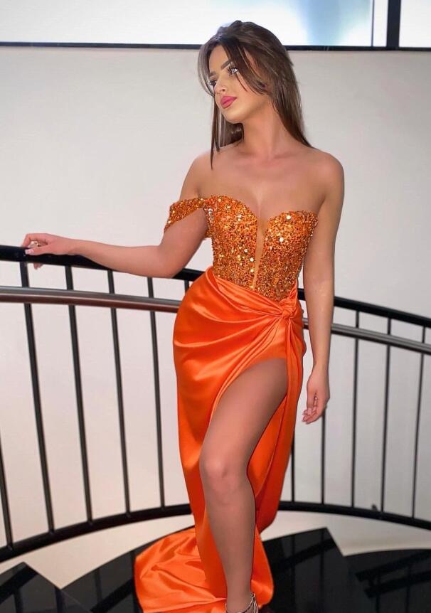 Orange Sweetheart One Shoulder Prom Dress Sequins Mermaid Long With Split